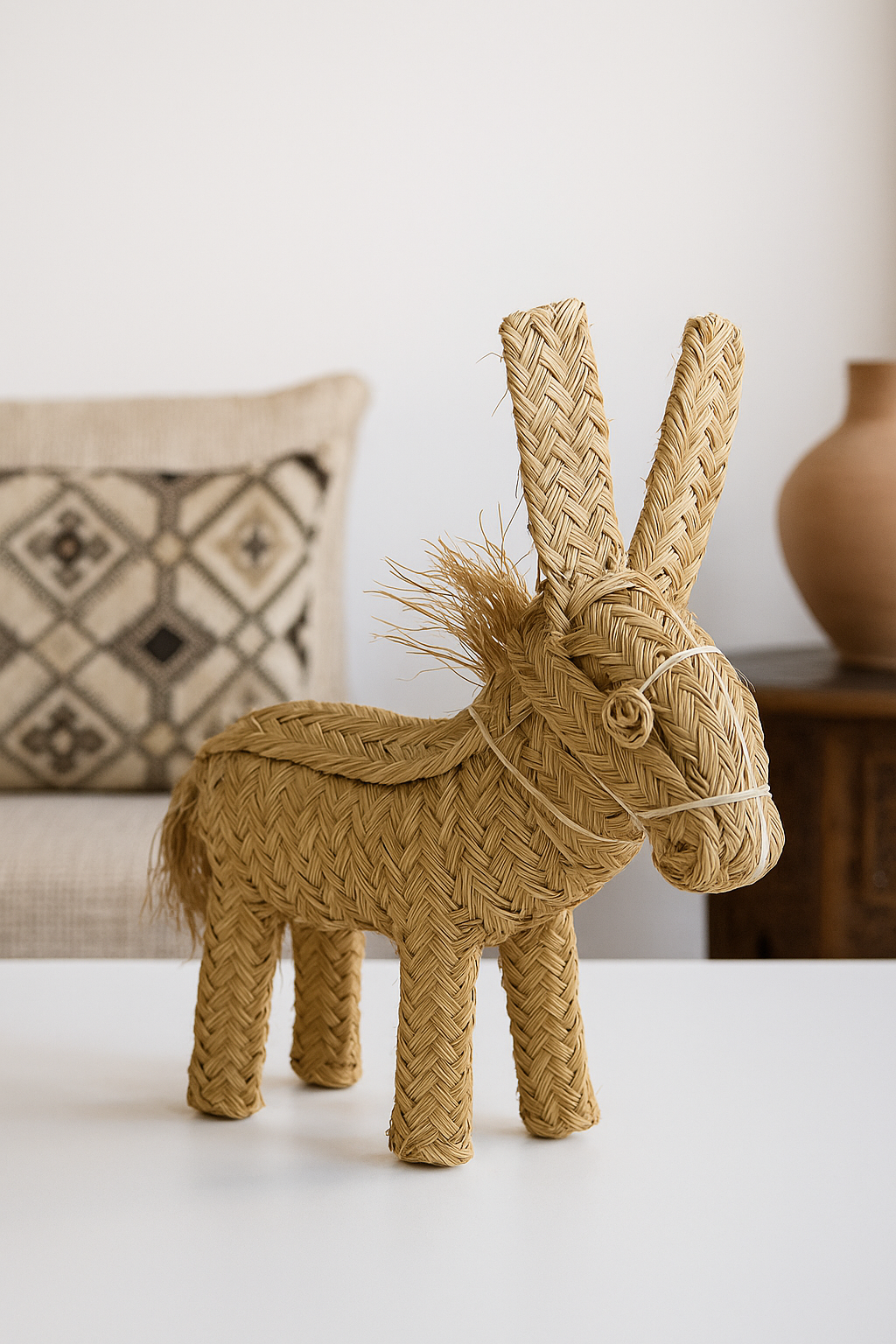 Âne décoratif en paille tressée – Artisanat marocain fait main